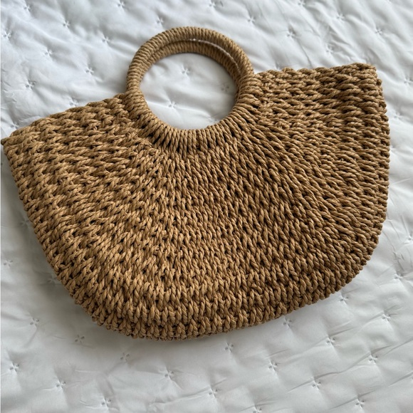 Handbags - Handwoven Tan Straw Tote Bag with Round Handles